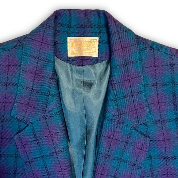 Vintage 80s Pendleton Plaid Skirt Suit Blazer Jacket Purple Aqua Blue Green M/L - Picture 5 of 11